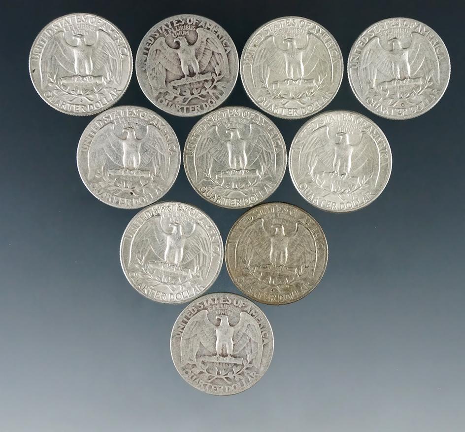 10 Assorted Washington Silver Quarters 1964 or Before VG-AU