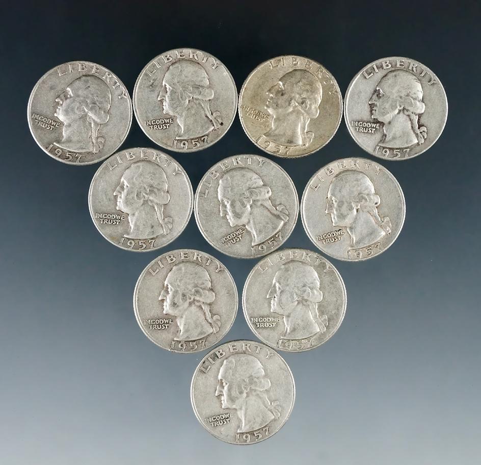 10 Assorted 1957 Washington Silver Quarters F-XF