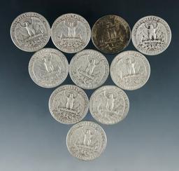 10 Assorted 1957 Washington Silver Quarters F-XF
