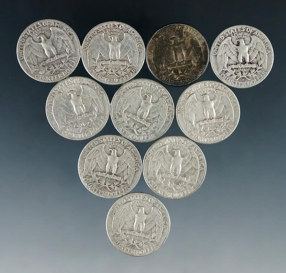 10 Assorted 1957 Washington Silver Quarters F-XF