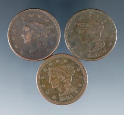 3 US Large Cents 1836, 1840 and1845 AG-VG Details Environmental Damage
