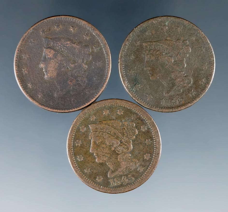 3 US Large Cents 1836, 1840 and1845 AG-VG Details Environmental Damage