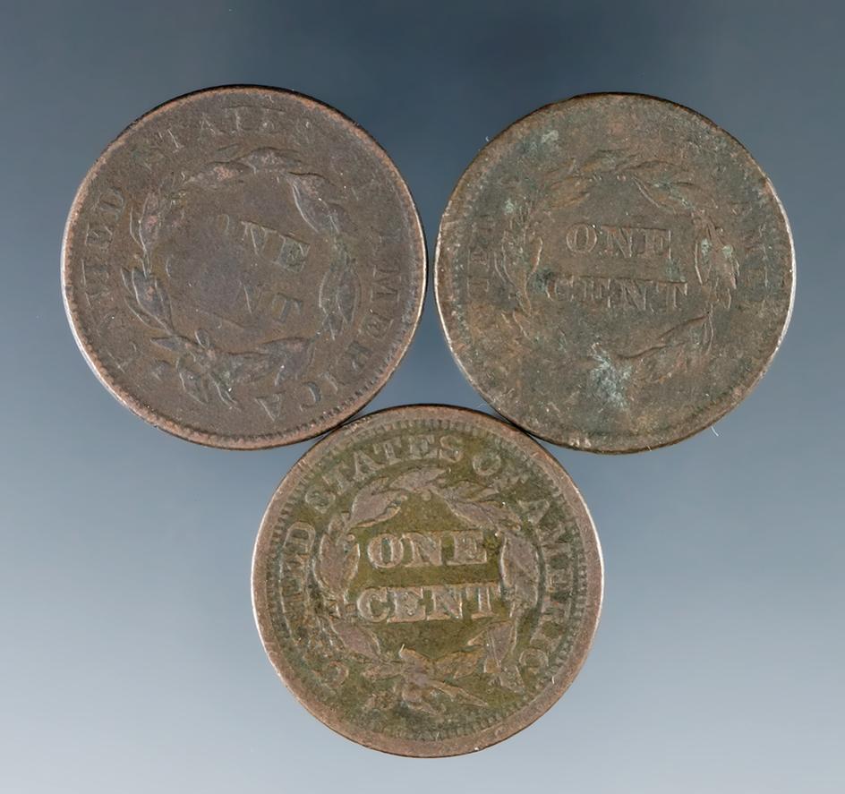 3 US Large Cents 1836, 1840 and1845 AG-VG Details Environmental Damage