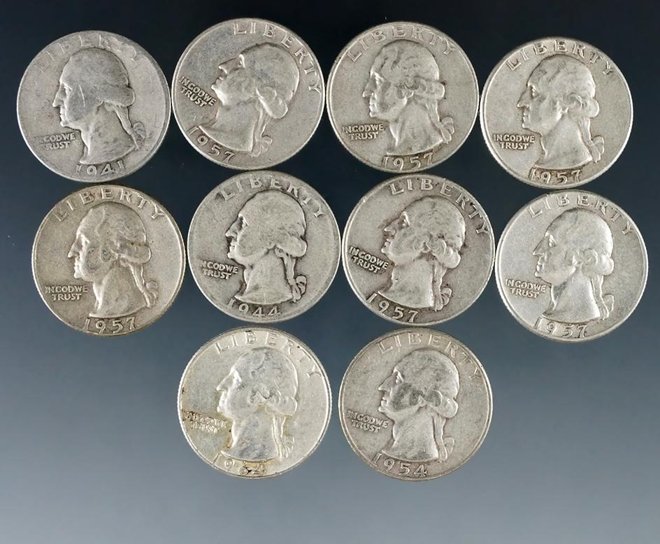 10 Assorted Washington Silver Quarters 1964 or Before VG-AU