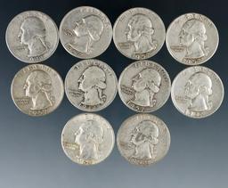 10 Assorted Washington Silver Quarters 1964 or Before VG-AU