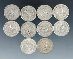 10 Assorted Washington Silver Quarters 1964 or Before VG-AU