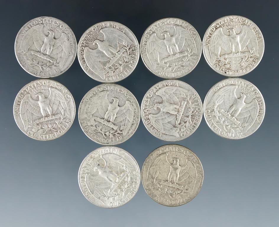 10 Assorted Washington Silver Quarters 1964 or Before VG-AU