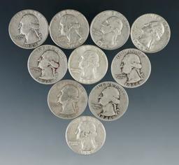 10 Assorted Washington Silver Quarters 1964 or Before G-AU