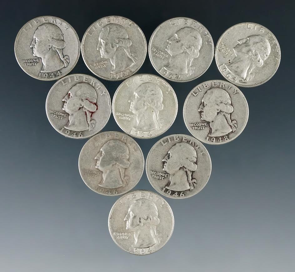 10 Assorted Washington Silver Quarters 1964 or Before G-AU