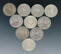 10 Assorted Washington Silver Quarters 1964 or Before G-AU