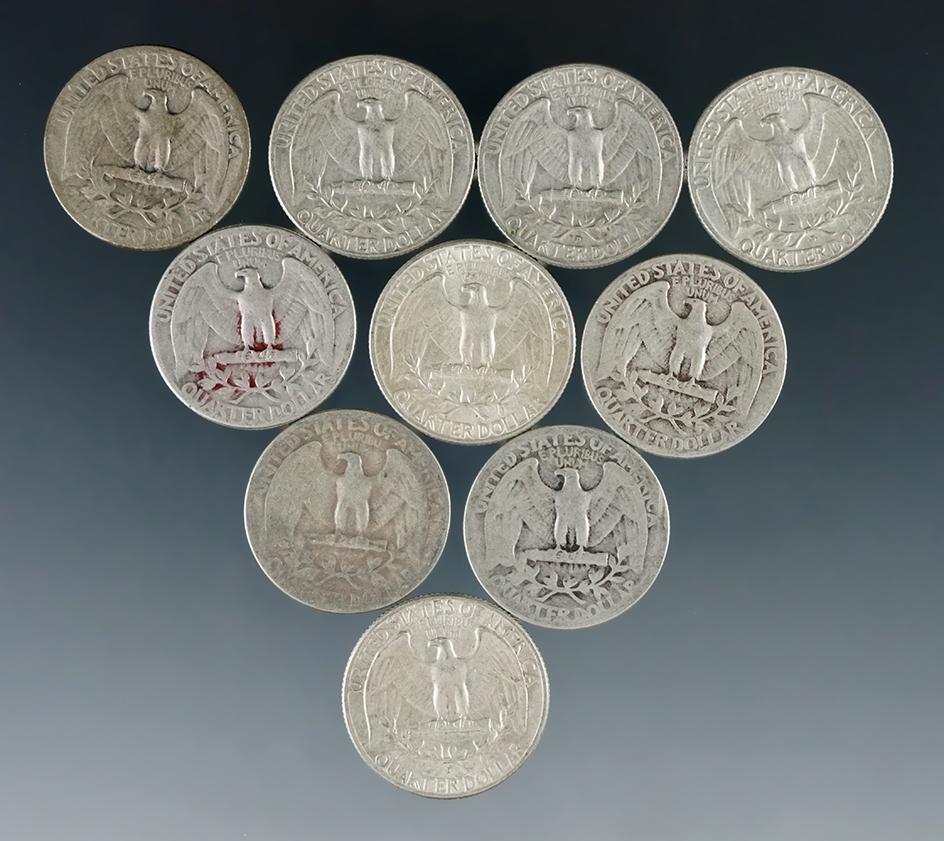 10 Assorted Washington Silver Quarters 1964 or Before G-AU