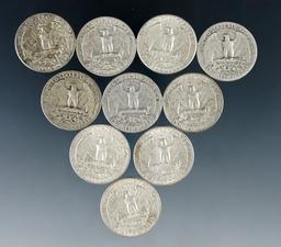 10 Assorted Washington Silver Quarters 1964 or Before G-AU
