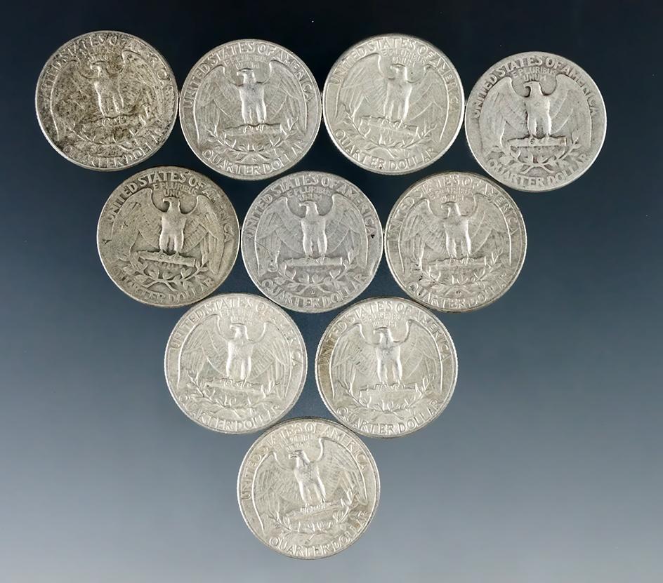 10 Assorted Washington Silver Quarters 1964 or Before G-AU