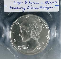 1916-D Mercury Dime Design 2 Troy Ounce Silver Proof