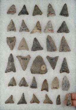 Group of 32 Mississippian Triangle points, largest is 1 7/8" all found in New York.