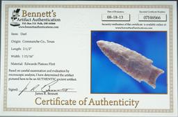 2 1/2" Darl made from Edwards Plateau Flint, found in Comanche Co., Texas. Bennett COA.