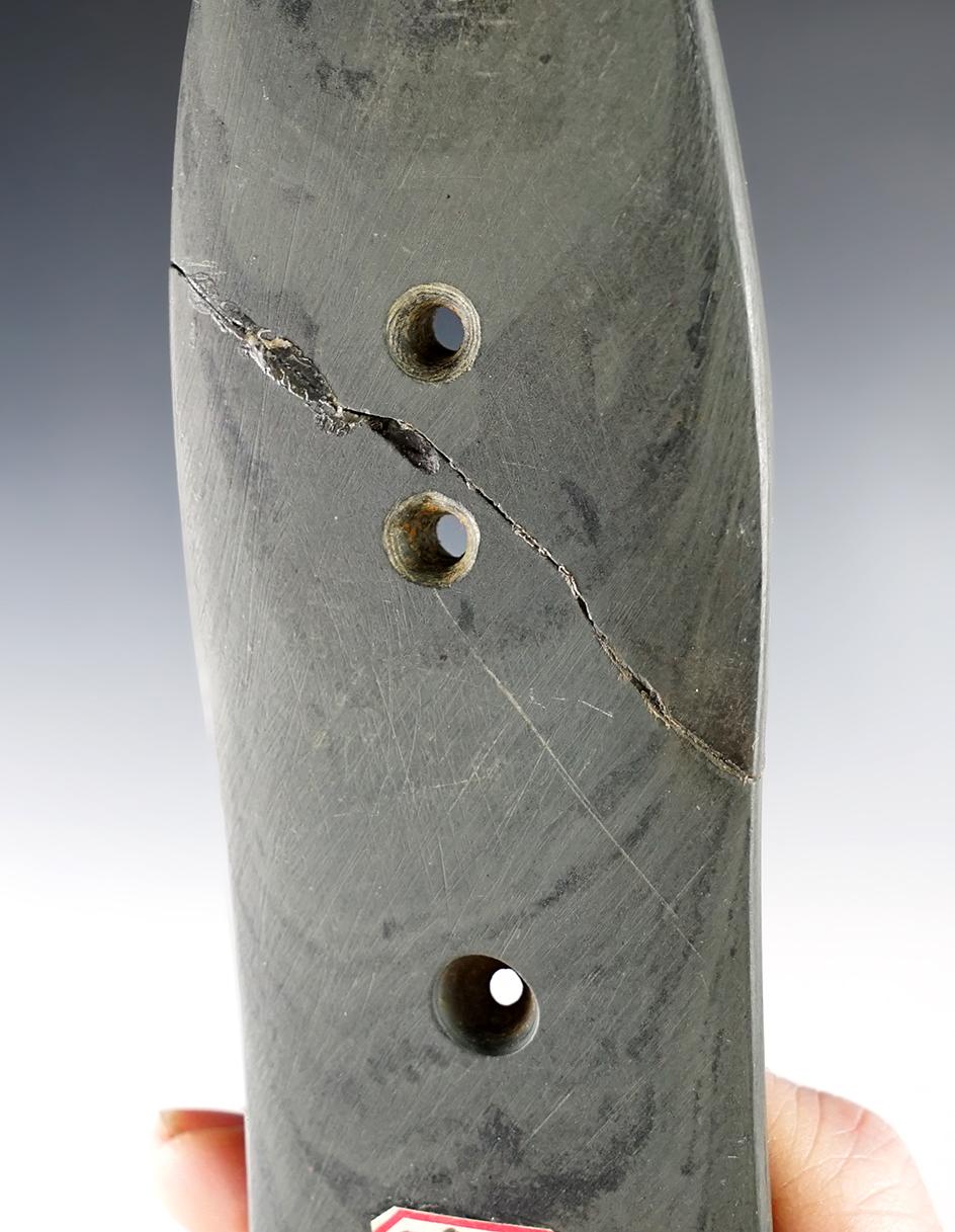 6 15/16"  4-Hole Sandal Sole Gorget - Allen Co., Indiana. Broken and glued. Ex. Parks collection.