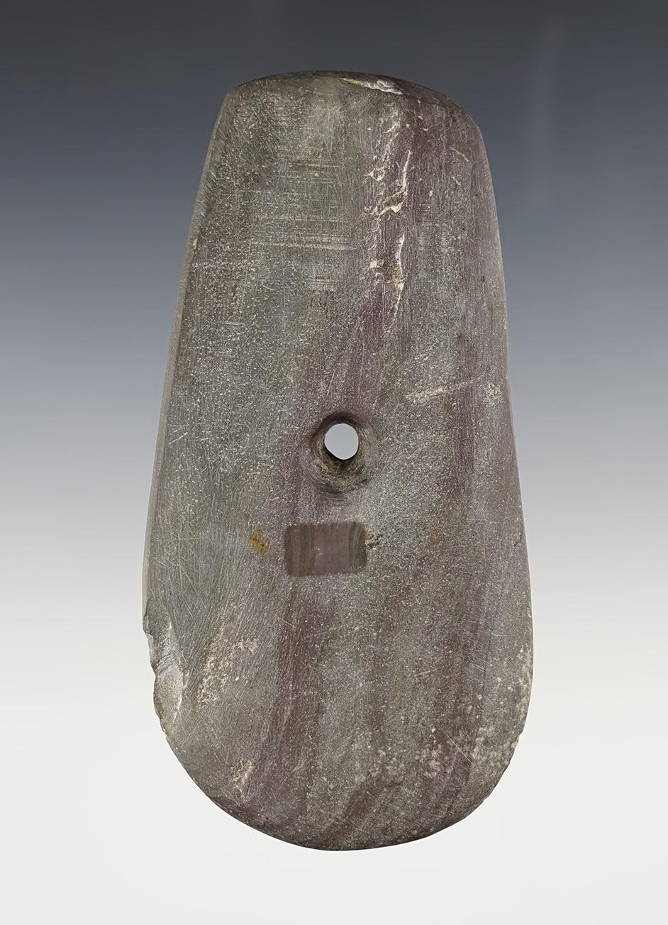 4 15/16" Keyhole Pendant found in Preble Co., Ohio. Made from Banded Slate that is patinated.