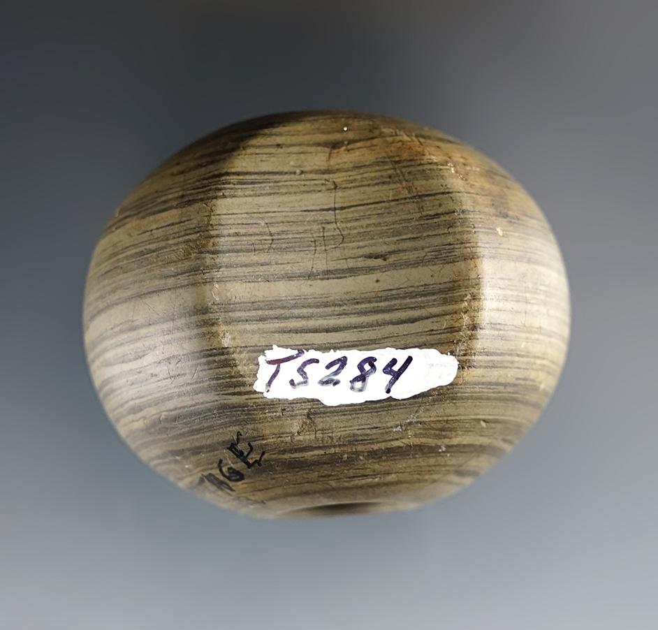 2 1/8” Fluted Ball Bannerstone - green & black Banded Slate. Portage Co., Ohio.  Dickey COA.
