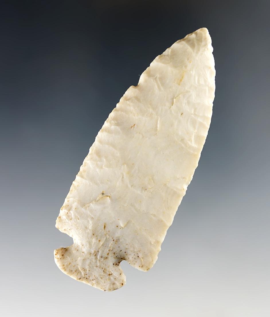 3 7/16" Dovetail made from Burlington Chert. Found in Clinton Co., Illinois. Bennett COA.