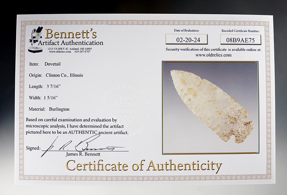 3 7/16" Dovetail made from Burlington Chert. Found in Clinton Co., Illinois. Bennett COA.