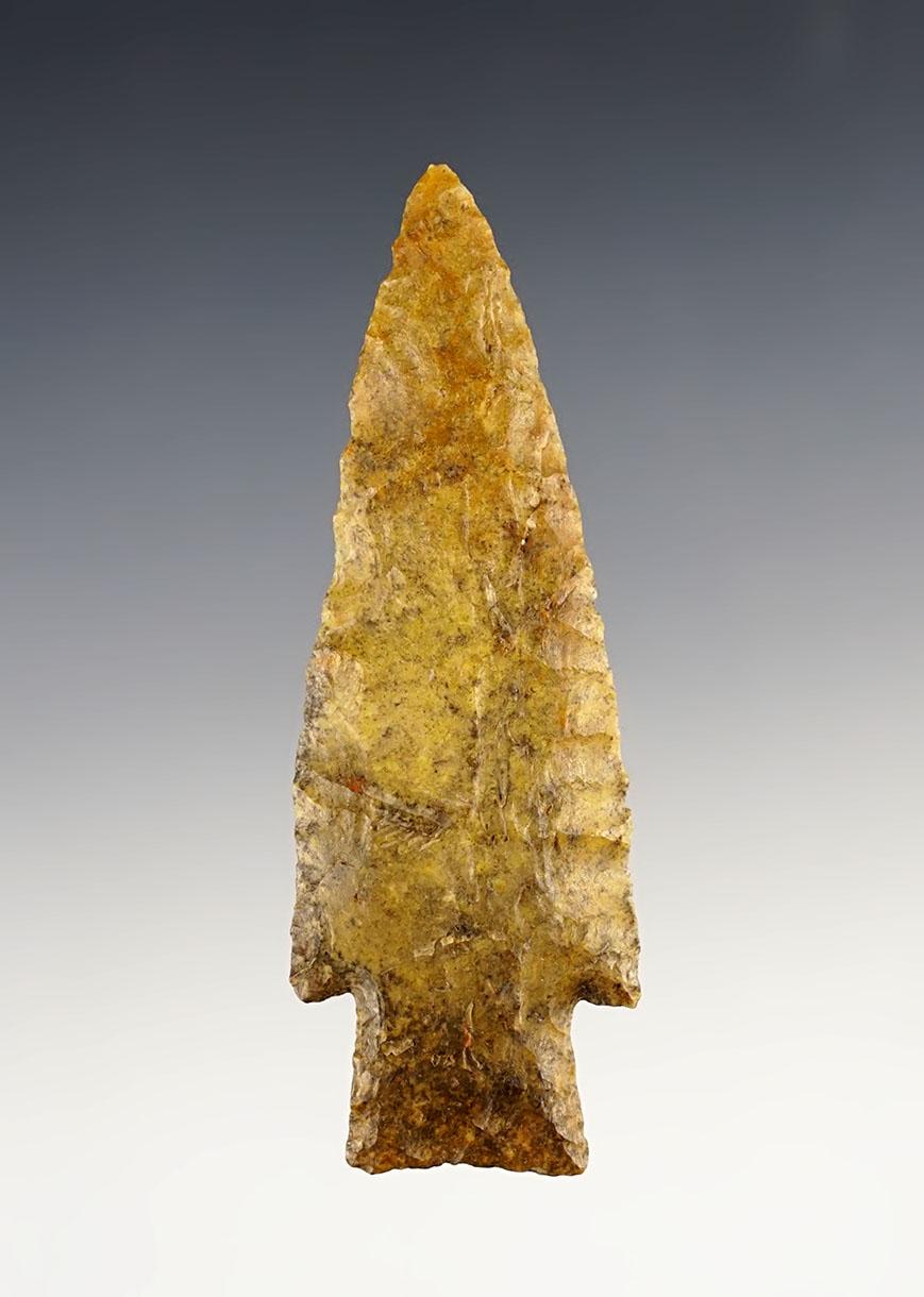 3 3/8" Hardin found in Jefferson Co., Missouri. Made from river patinated chert. Bennett COA.