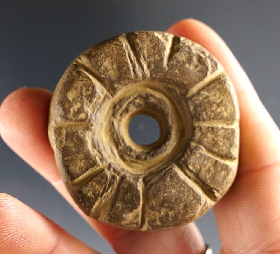 1 3/4" drilled and highly engraved Stone Disc - Fox Field Site in Mason Co., Kentucky.