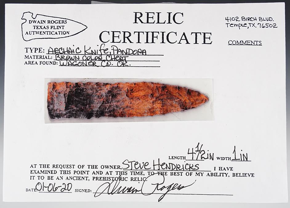 Heavily patinated Archaic period Pandora knife found in Wagoner Co. Oklahoma. Rogers COA.