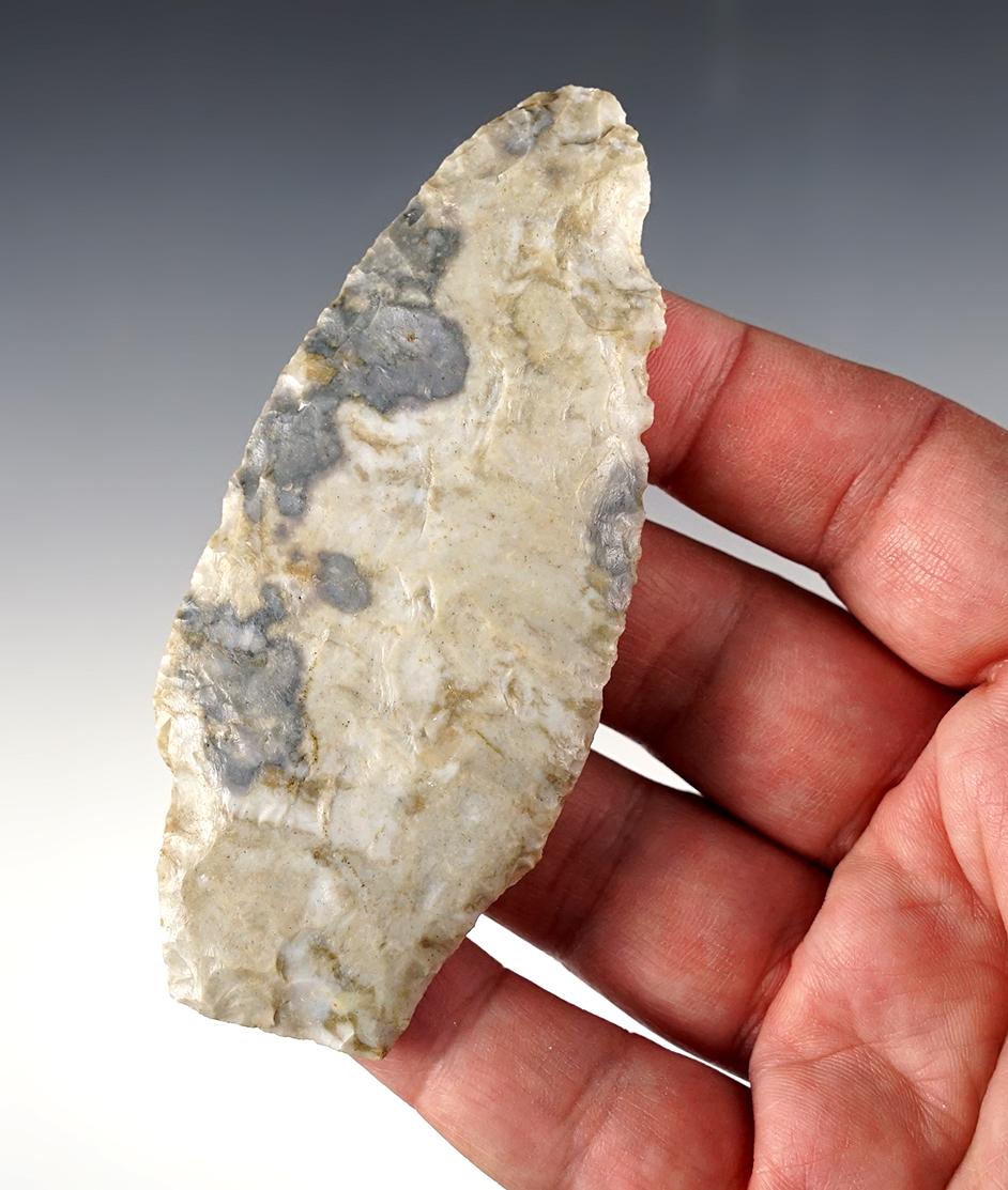 4" Paleo Stemmed Lanceolate made from Coshocton Flint. Found in the Ohio area. Ex. Bill Likens.