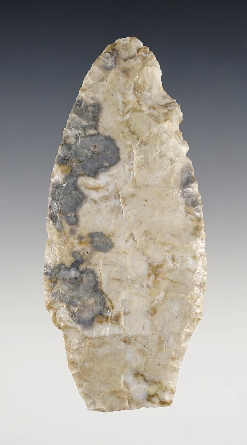 4" Paleo Stemmed Lanceolate made from Coshocton Flint. Found in the Ohio area. Ex. Bill Likens.