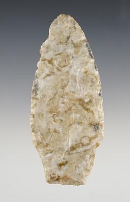 4" Paleo Stemmed Lanceolate made from Coshocton Flint. Found in the Ohio area. Ex. Bill Likens.