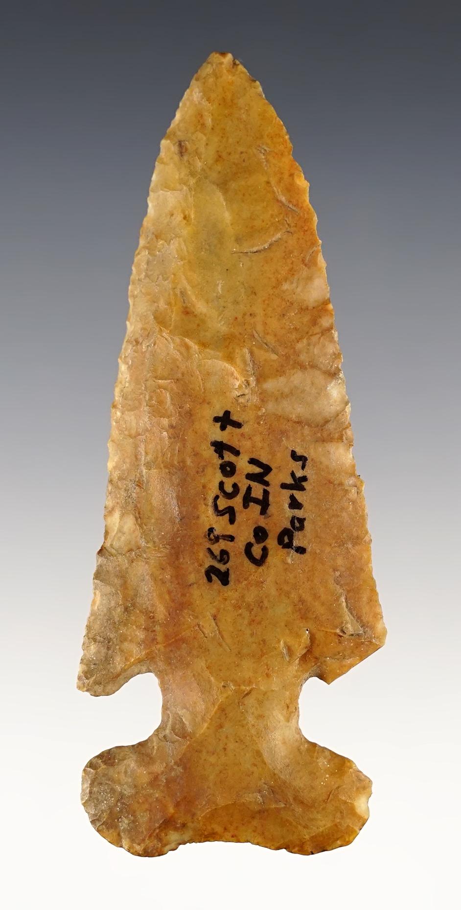 3 5/8" Archaic Bevel made from patinated Flint. Found in Scott Co., Indiana. Ex. Cameron Parks.