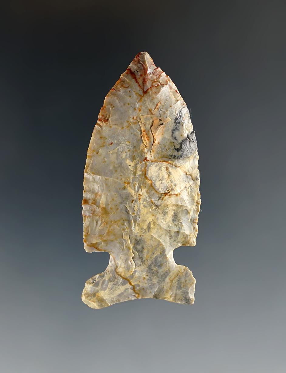 2 1/2" classic style Archaic Sidenotch made from multi-color Coshocton Flint. Found in Ohio.