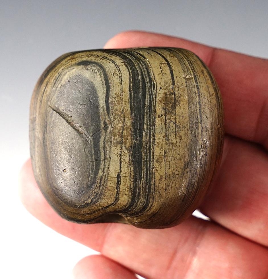 1 3/4" Flatted Ball Bannerstone made from Glacial Slate. Adams Co., Ohio. Ex. Paul Hothem.