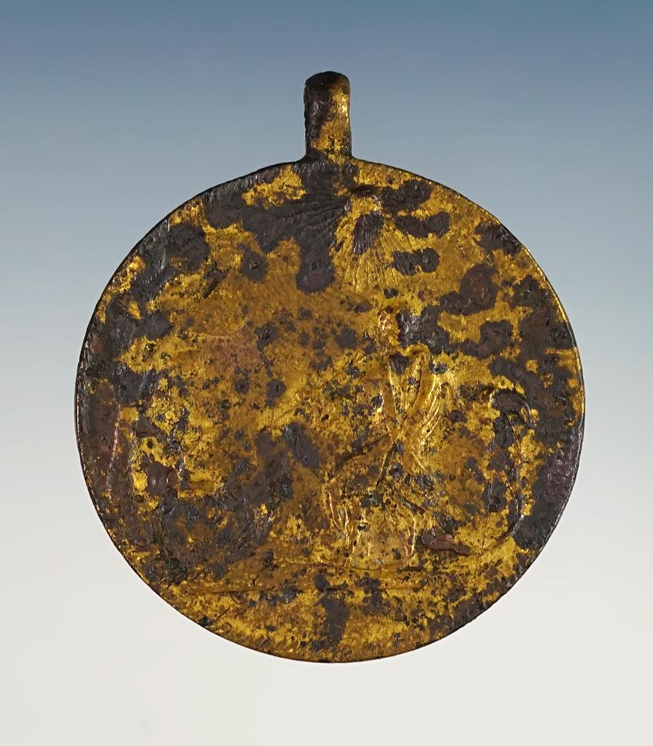 Sale highlight! Rare and nice 1 1/2" Mid 1700's Brass washed King George Medal. New York.