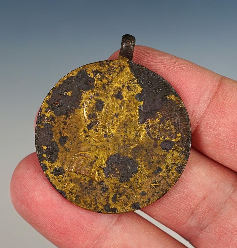 Sale highlight! Rare and nice 1 1/2" Mid 1700's Brass washed King George Medal. New York.