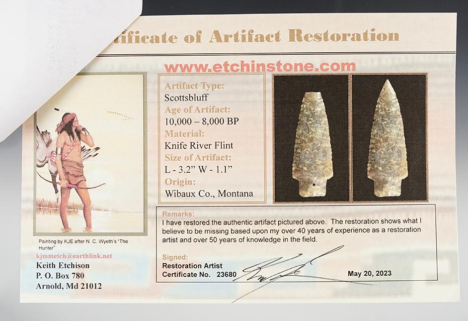 3 1/4" Scottsbluff found in Montana - Knife River Flint. Restoration. Rogers COA