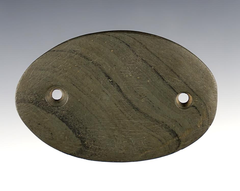 Thin and well made 3 1/16" Adena Elliptical Gorget with tallies -  Ottawa Co., Ohio. Ex. Johnson.