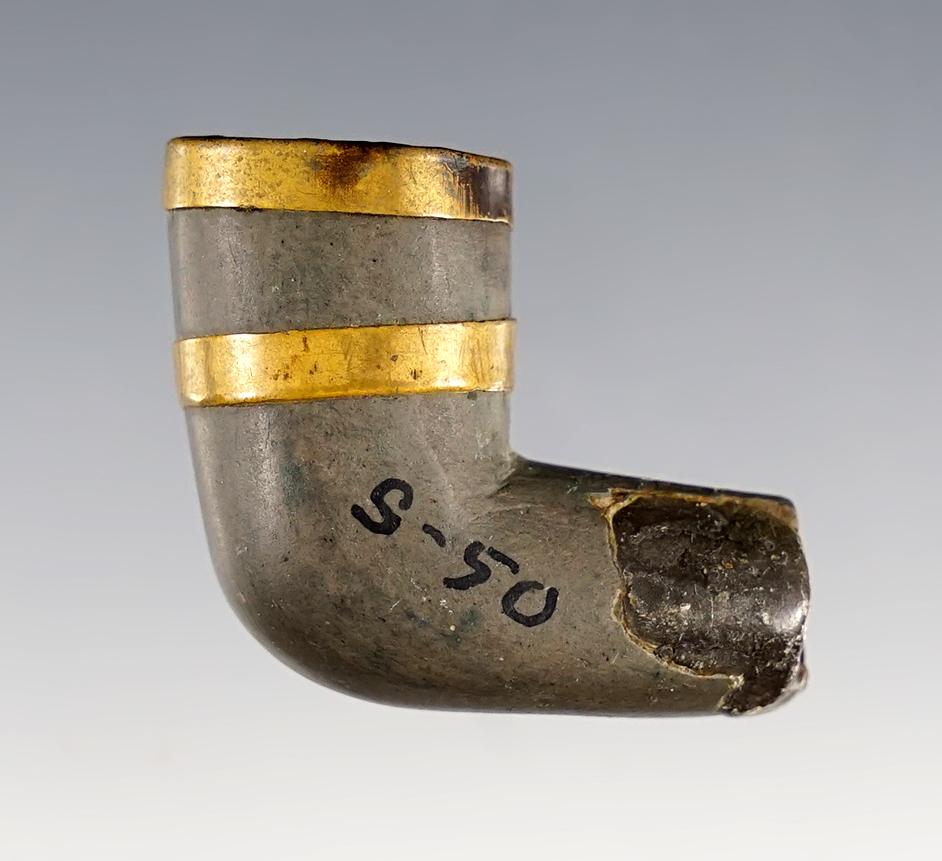 1 1/4" Elbow Pipe with decorative brass bands, circa 1800's. Some restoration to the pipe stem.