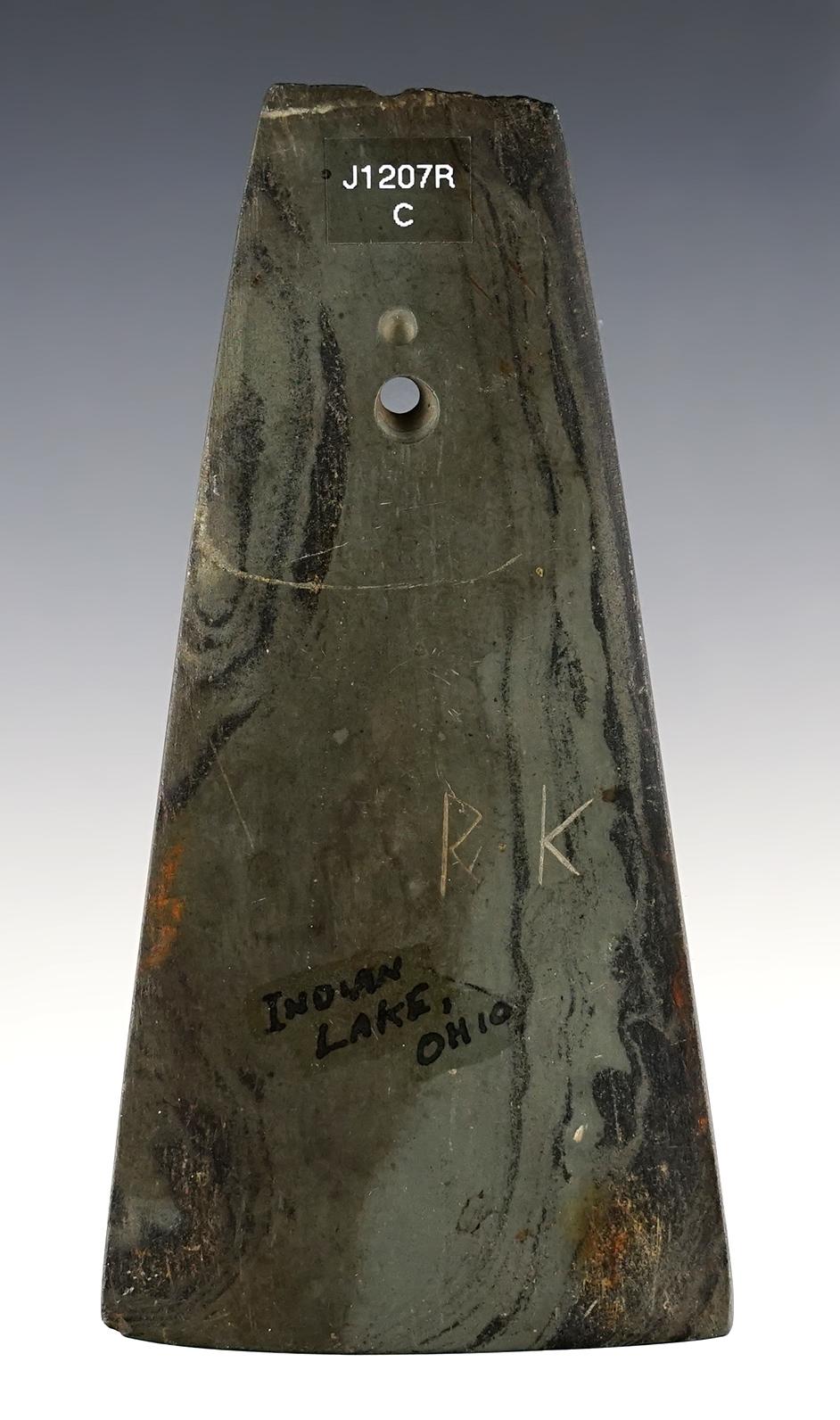 4 3/16" Hopewell Trapezoidal Pendant. The finder scratched their initials on the surface. Ohio.