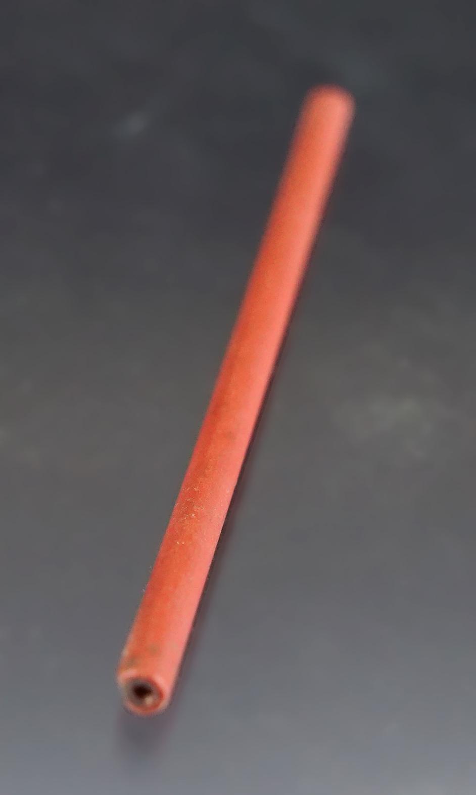 3 5/8" Red Tubular Straw Bead recoverd at the Townley Reed Site in Geneva, New York.