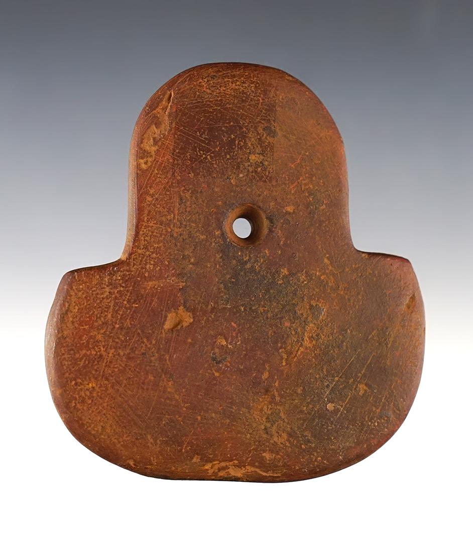 3 1/8" Shovel or Spud type Pendant made from patinated red Sandstone. A well made example.