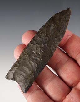 Classic 3 5/8" Fluted Paleo Clovis found in Collins, Whitley Co., Indiana. Heavy ancient grinding.