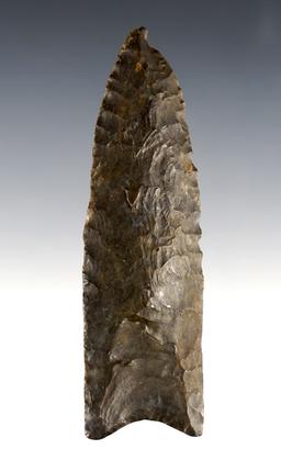 Classic 3 5/8" Fluted Paleo Clovis found in Collins, Whitley Co., Indiana. Heavy ancient grinding.