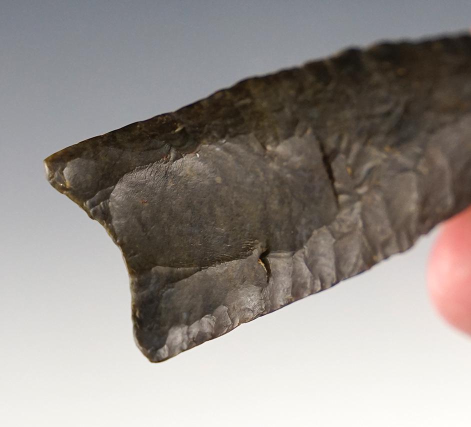 Classic 3 5/8" Fluted Paleo Clovis found in Collins, Whitley Co., Indiana. Heavy ancient grinding.