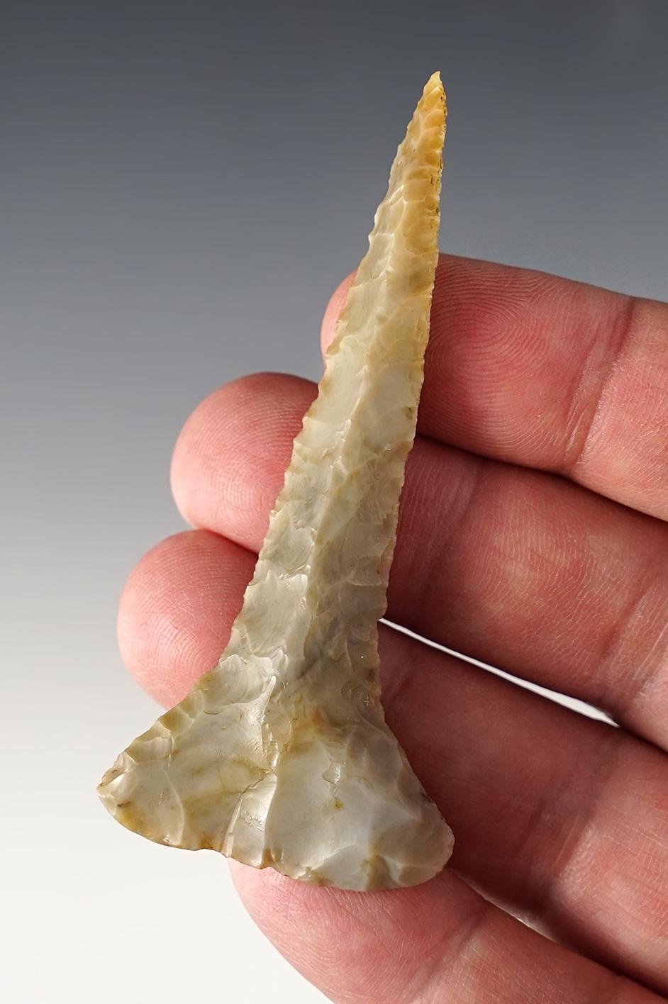 Exceptional flaking on this 3" Archaic Drill made from Flint Ridge Flint. Found in Ohio.