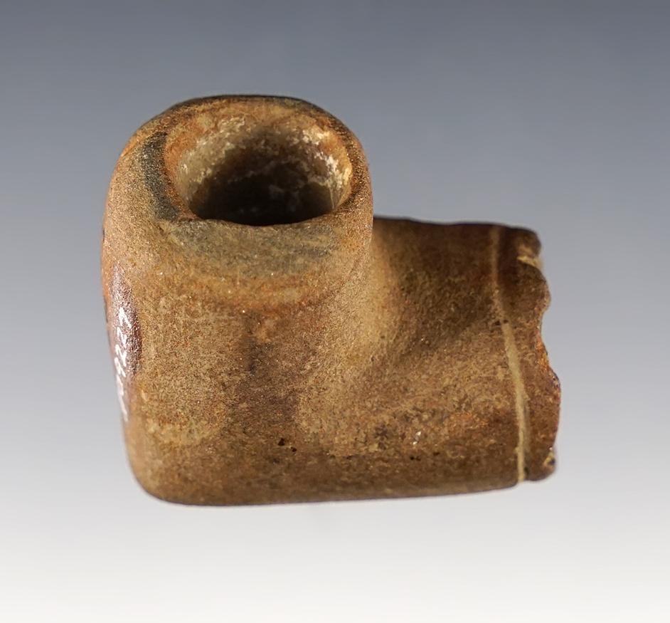 1 1/2" Sandstone Elbow Pipe with incised lin. Feurt Village Site in Scioto Co., Ohio. Ex. Copeland.