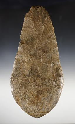 Large 9" Flint Spade found in Pulaski Co., Indiana. Excellent use polish to the bit area.