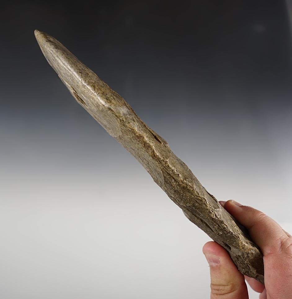 Large 9" Flint Spade found in Pulaski Co., Indiana. Excellent use polish to the bit area.