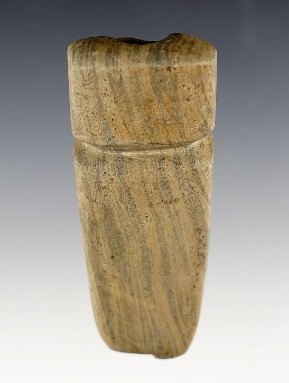 Very unique 3 5/16" grooved Tube Pipe made from Banded Slate. Found in Sandusky Co., Ohio.